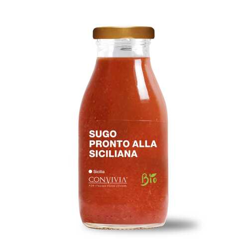 Fertige Kirsch-Tomatensauce nach sizilianischer Art - Bio, Gluten-Frei und Veganes Produkt - Sugo pronta di pomodoro ciliegino alla Siciliana - 250 gr - Convivia Sicilia - MHD 14-09-2023