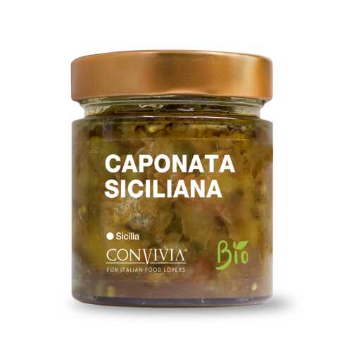 Caponata Siciliana - Bio, Gluten-Frei und Veganes Produkt - Caponata Siciliana - 190 gr - Convivia Sicilia - MHD 16-10-2023