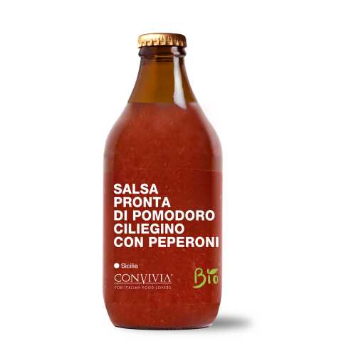 Fertige Kirsch-Tomatensauce mit Pfeffer - Bio, Gluten-Frei und Veganes Produkt - Salsa pronta di pomodoro ciliegino con peperoni - 330 gr - Convivia Sicilia - MHD 17-03-2024