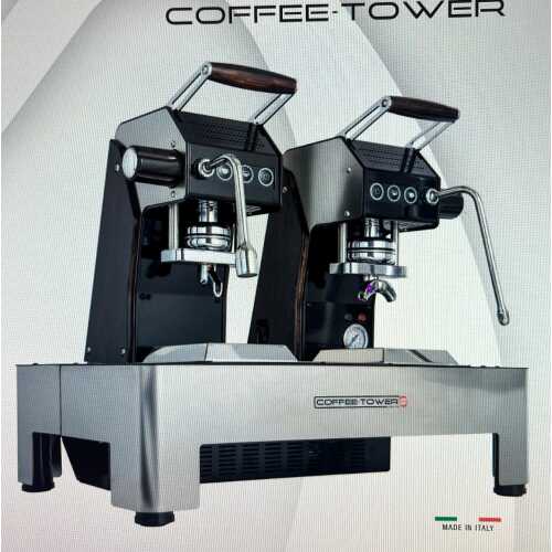 Coffee Tower 2CAV - Design aus Edelstahl, schwarzem Stahlblech und Holz - Volumetrico - 2 * Kaffee, Heisswasser und Dampf - 2-Liter Edelstahl-Boiler - Energy Saving System - Spinel