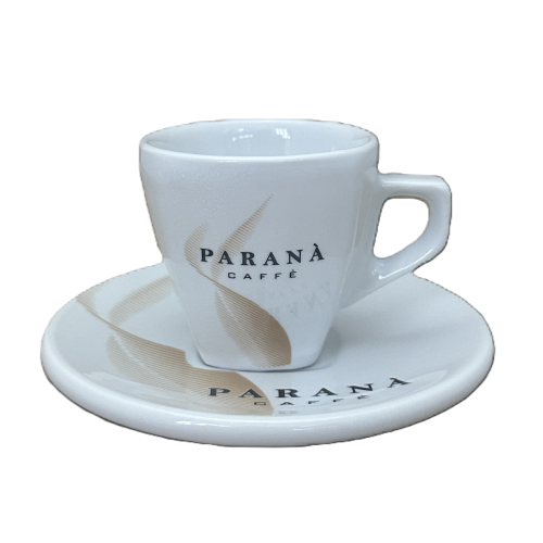 Espresso Tasse mit hellbraunen Deatils mit Unterteller weiß von Caffe Parana - Parana srl